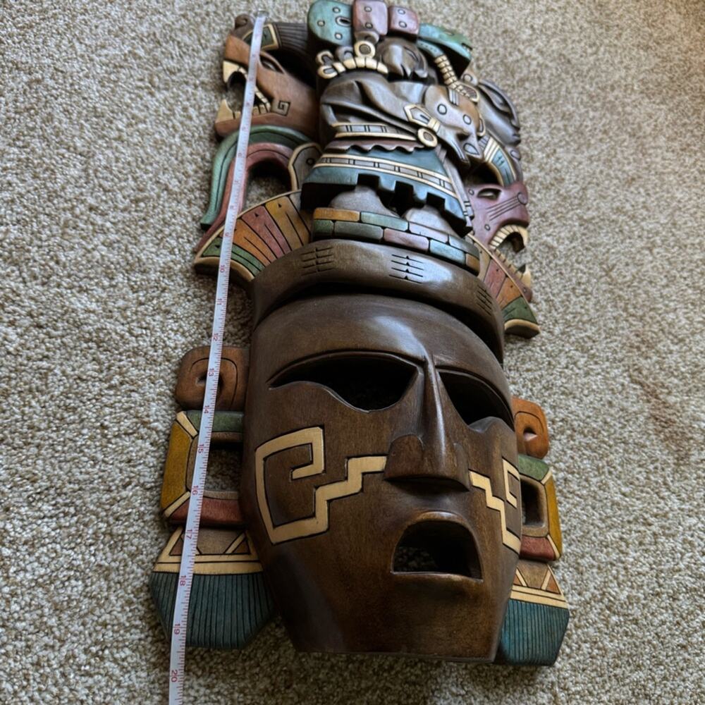 Handcrafted Wooden Mask Wall Hanging Art Ixchel Mayan Mexican Aztec Sculpture - Picture 9 of 12